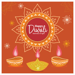 Festival of lights with rangoli and lit Diya. Happy Diwali celebration. Diwali festival concept. Flat vector illustration.