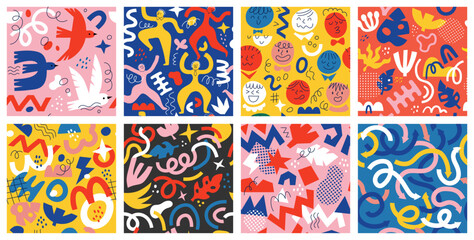 Fototapeta premium Fun kids seamless pattern. Doodle color shapes. Abstract party. Geometric modern repeated print. Dots and curve forms. Happy people dance. Birds fly. Festive childish texture. Vector backgrounds set