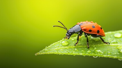Fototapeta premium Dewy Ladybug Macro on Leaf with Rich Bokeh - Vibrant Close-Up
