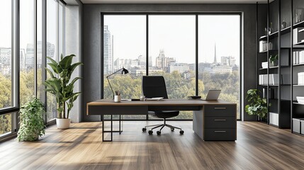 Modern office with large windows, a desk, chair, and bookshelf.