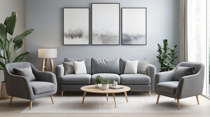 Fototapeta premium Scandinavian Minimalistic Design. Cozy Living Room with Gray Sofa and Armchair in Boho Decoration