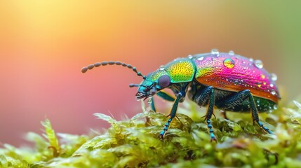 Fototapeta premium Iridescent Beetle on Moss: Macro Photography with Sparkling Droplets