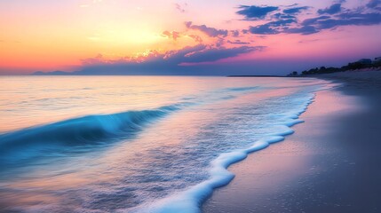 A beautiful seascape with a wave crashing on the shore at sunset.