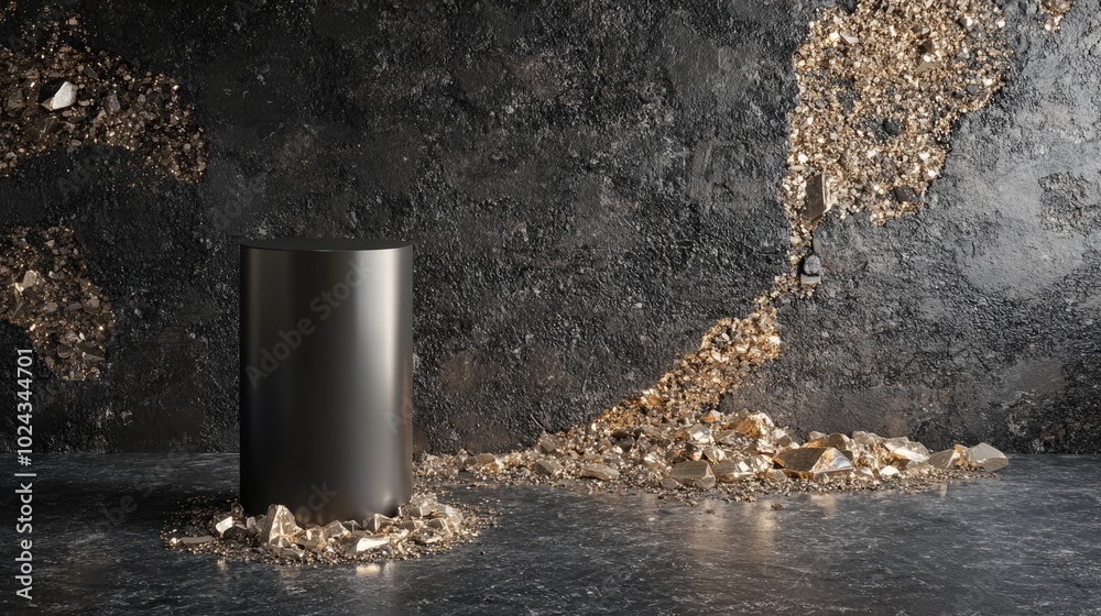 Aufkleber 3D render featuring an abstract backdrop of dark cobblestone remnants fragmented stones and gold nuggets Contemporary minimalist display scene with a vacant cylindrical pedestal for product showca