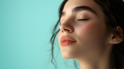 Fototapeta premium 13. A young woman with a relaxed expression, eyes closed and a slight smile, captured in a meditative moment against a light blue background.