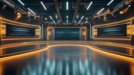 TV news, virtual studio background. Ideal also for online shows or live events. Modern 3D rendering...
