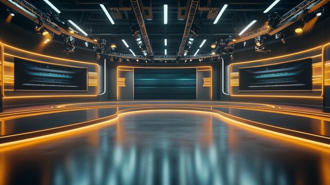 TV news, virtual studio background. Ideal also for online shows or live events. Modern 3D rendering backdrop suitable on VR tracking system stage sets