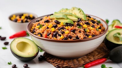 A bowl of spicy Mexican rice with black beans and corn, garnished with avocado slices, isolated on white background.
