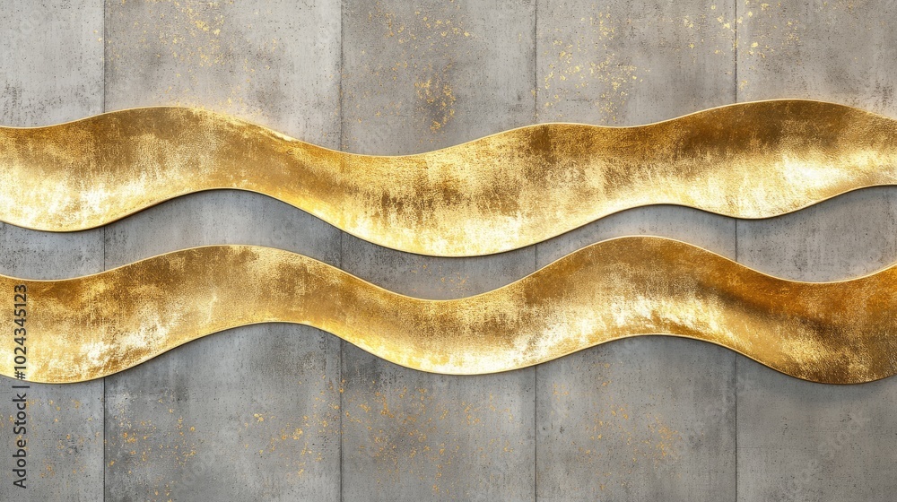 Poster abstract artwork featuring shimmering gold wavy lines on a textured concrete backdrop ideal for wall