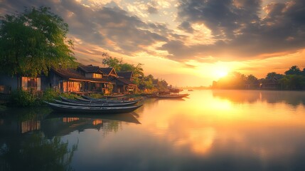 Fototapeta premium Golden sunrise over a calm lake with traditional houses and boats.