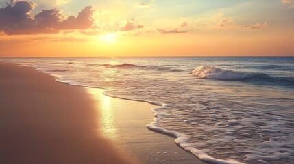 Tranquil beach scene with waves lapping on the shore at sunset.