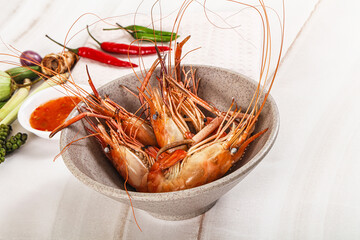 Boiled tiger prawn with sauce