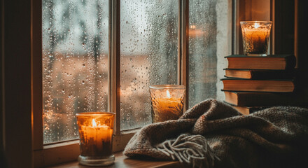 Cozy candles, books, and blanket by a rain-soaked window.