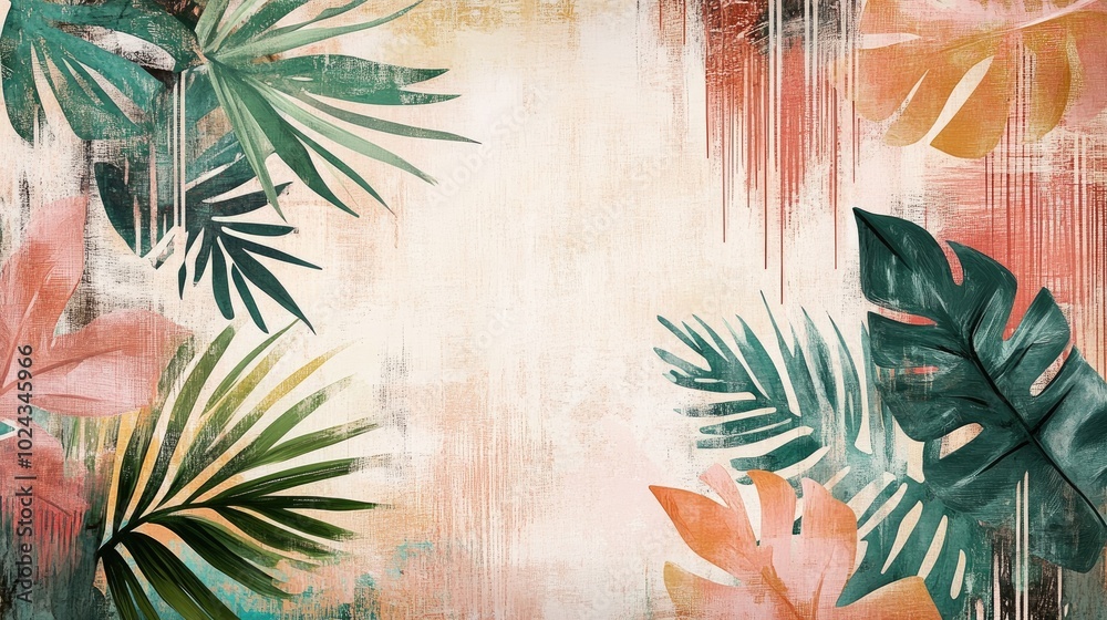 Poster 3d mural wallpaper featuring hand drawn tropical leaves and abstract art on a light background with 