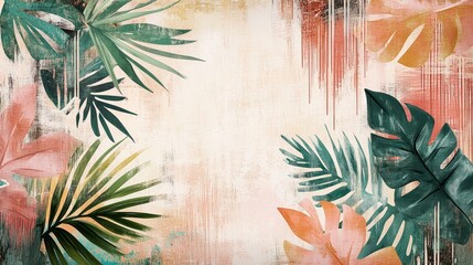 3D mural wallpaper featuring hand drawn tropical leaves and abstract art on a light background with retro pattern shapes