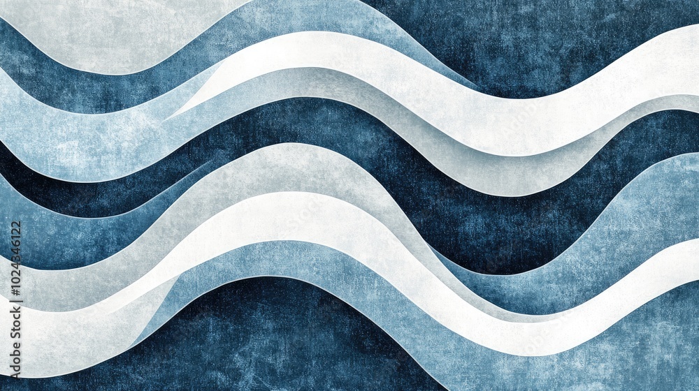 Poster abstract design featuring a background of wavy lines in white blue and gray with a metallic geometri