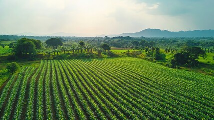 Lush green field with rows of crops, surrounded by trees and mountains in the distance.