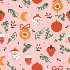 Seamless pattern with cute glass Christmas tree toys. Vector graphics.