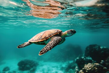 Obraz premium Underwater view with sea turtle above coral reef