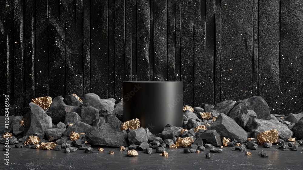Poster 3D render featuring an abstract backdrop of dark cobblestone remnants fragmented stones and gold nuggets Contemporary minimalist display scene with a vacant cylindrical pedestal for product showca
