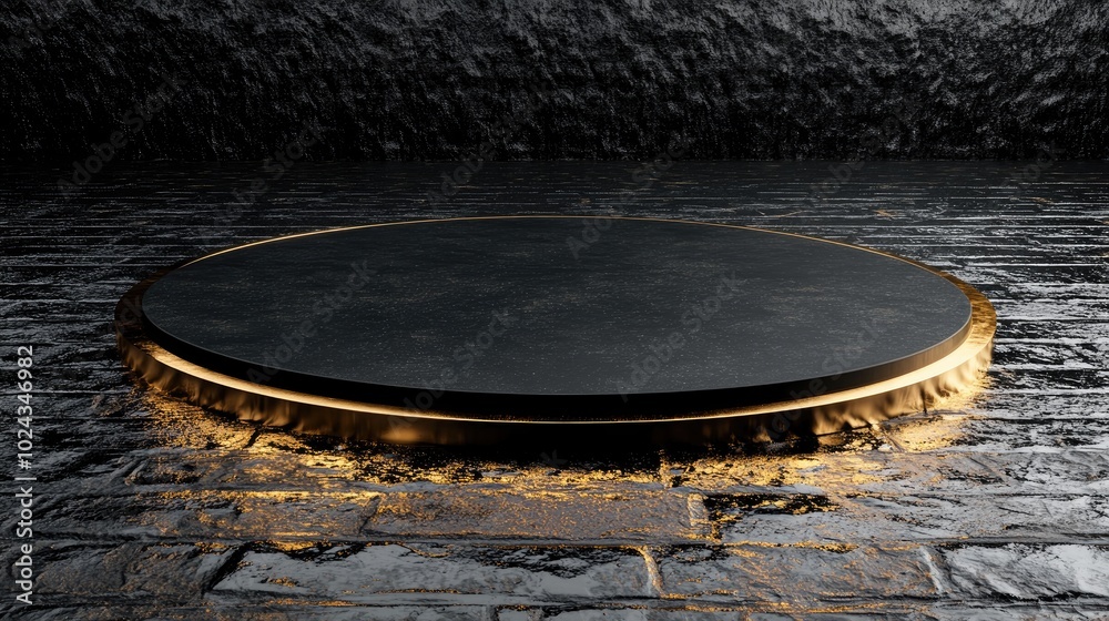 Aufkleber 3D render of an abstract modern minimal background featuring black and gold cobblestones with reflections on a wet floor An empty showcase with a golden round frame serves as a platform for produc