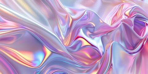Abstract banner background with Metallic iridescent fabric featuring flowing waves in soft pastel shades of pink, blue, purple