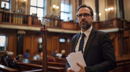 With a file containing crucial legal documents, a lawyer assumes a serious stance in front of the judge, Generative AI.