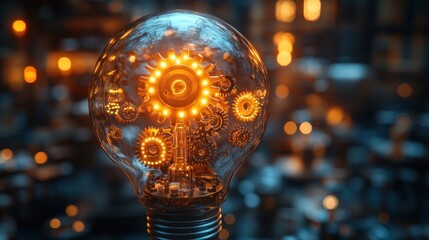 A light bulb with gears inside, glowing with an orange light against a dark background.
