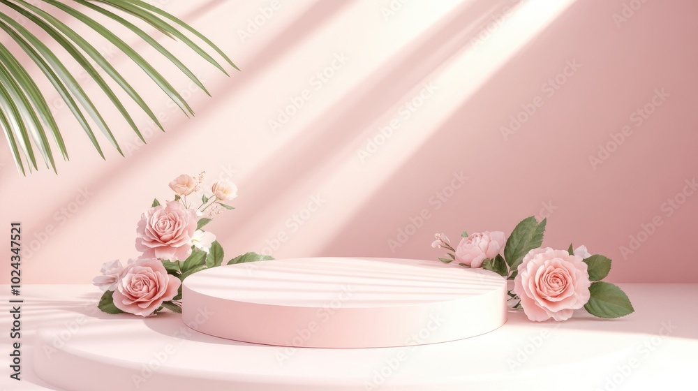 Poster 3d podium presentation featuring a soft pink backdrop adorned with rose flowers includes peonies and