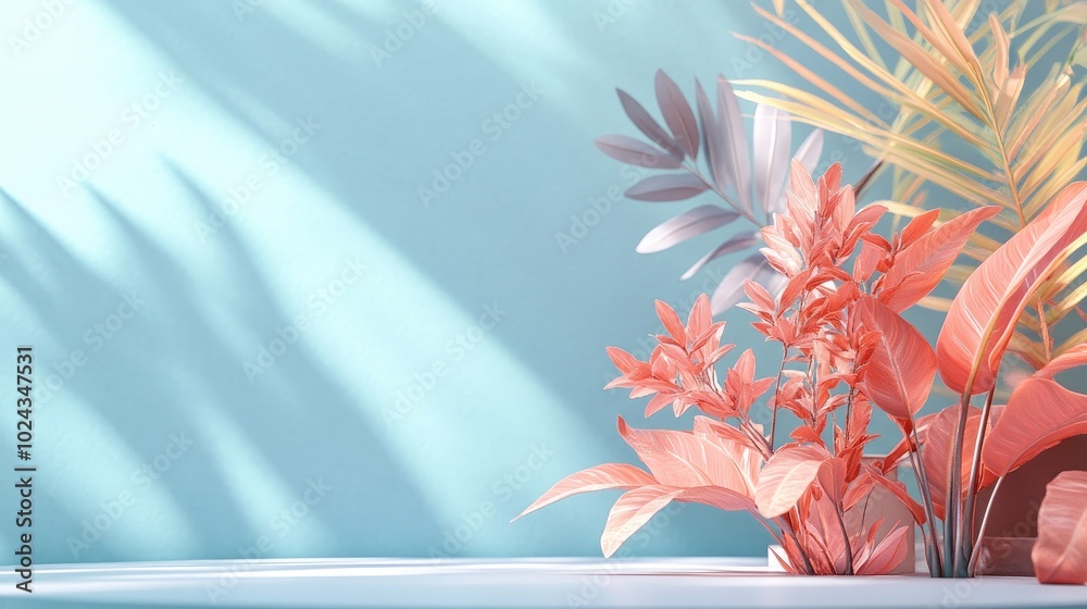 Poster 3d rendering of an abstract podium display featuring tropical leaves and coral pink plants suitable 