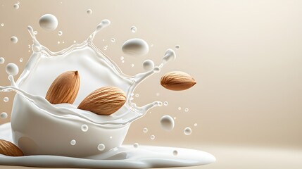 Fototapeta premium Splashing Almonds in Creamy Milk Close-Up View