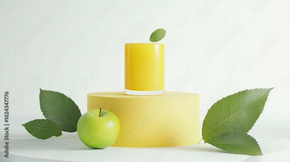 Poster 3D mockup design for beverage display featuring a yellow podium green apple and green leaf against a white background Clipping paths for each element are included 3D rendering illustration