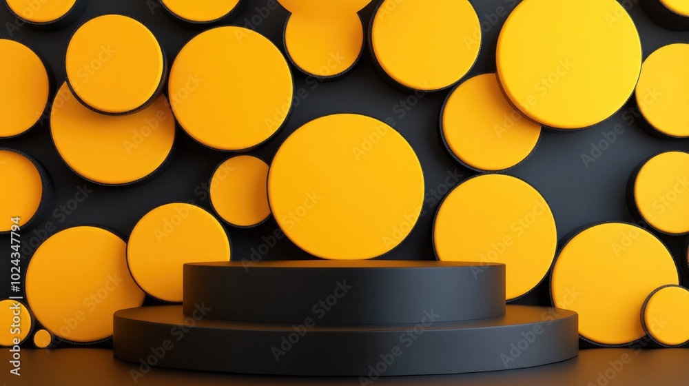 Poster 3D rendering background featuring a podium with yellow circles
