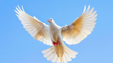 Obraz premium With its wings spread wide and its silky feathers catching the sunshine, a majestic white dove symbolizes freedom and serenity as it soars over the bright sky, Generative AI.