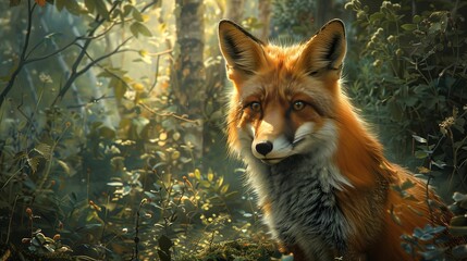 Obraz premium A Red Fox Gazes Through Lush Green Foliage in a Sun-Dappled Forest
