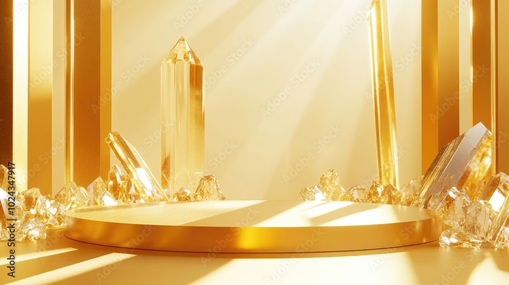Aufkleber Abstract gold stage platform featuring crystal elements designed as a template for product advertising 3D rendering