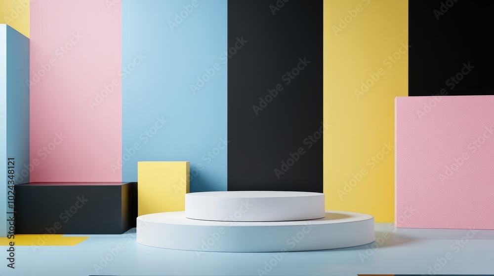 Poster 3D render of abstract colorful geometric shapes featuring a blank product display mockup with an empty stage and a round white podium surrounded by assorted pink blue yellow and black blocks