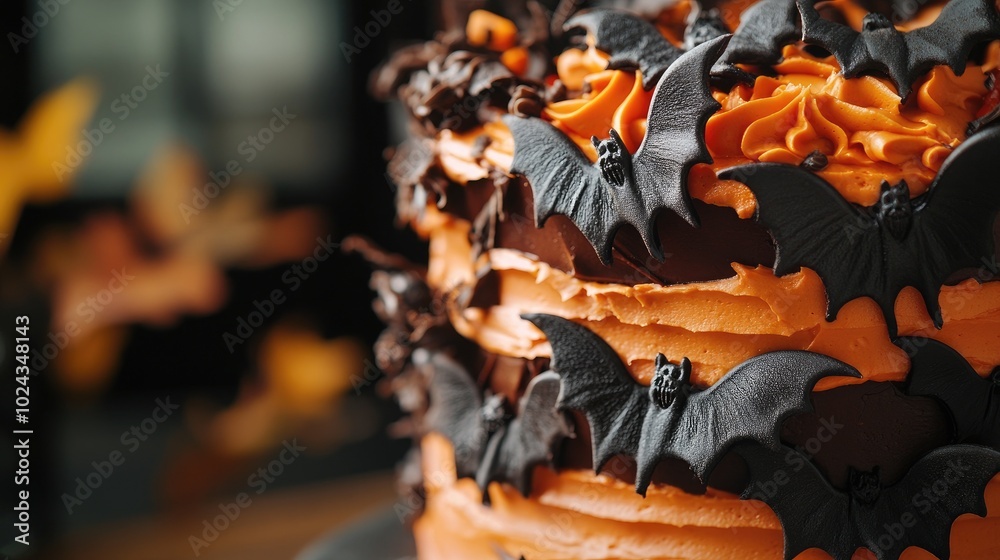 Poster Close-up of a layered cake with fondant bats and orange cream, capturing the eerie charm of Halloween celebrations.