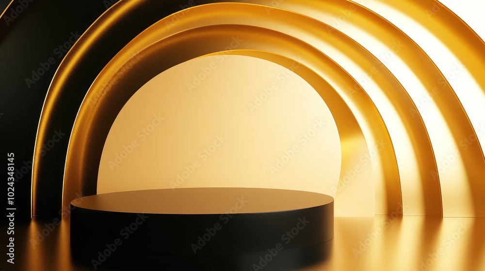Poster 3d abstract studio space featuring a pedestal podium black geometric platform accented with golden c