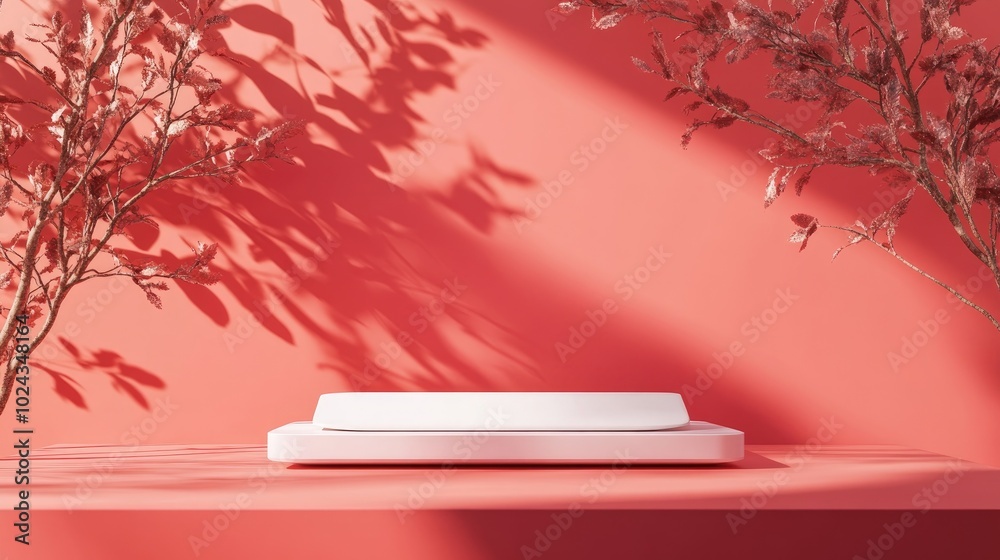 Poster Abstract background featuring a rectangular podium on a vibrant red surface suitable for showcasing cosmetic products in a mock up presentation