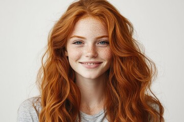 Fototapeta premium Closeup of happy attractive young woman with long wavy red hair and freckles wears stylish