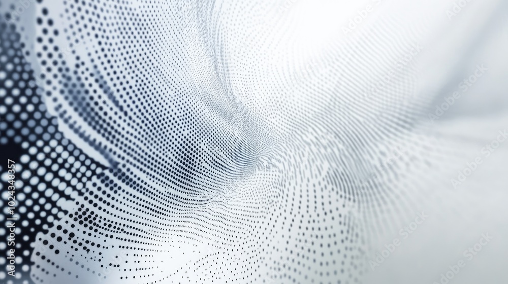 Poster abstract painting featuring a striking white and grey dotted background with a futuristic motion eff
