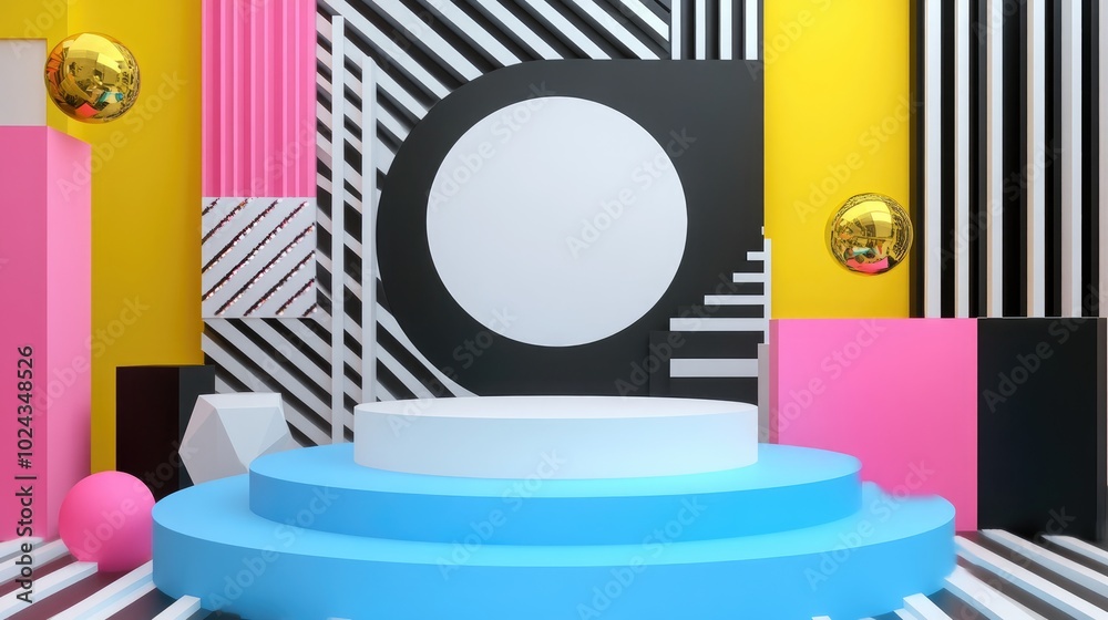 Poster 3D render of abstract colorful geometric shapes featuring a blank product display mockup with an empty stage and a round white podium surrounded by assorted pink blue yellow and black blocks