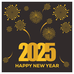 New Year's Eve celebration with fireworks. Golden fireworks decorated the night sky. Happy New Year 2025 concept. Flat vector illustration.