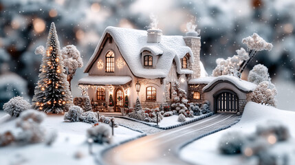 Naklejka premium Miniature snow covered house is decorated for christmas time with lights, garland, and snow falling