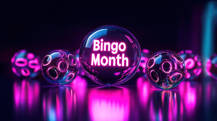 Glowing Neon Bingo Balls Highlighting Bingo Month Celebration in Vibrant Lighting