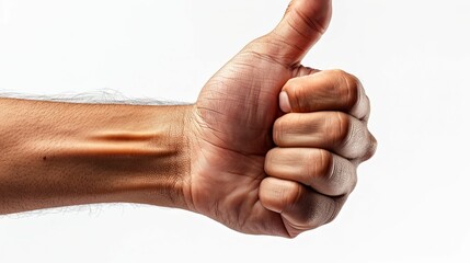 Close-up of a hand with a thumb raised in a thumbs-up gesture
