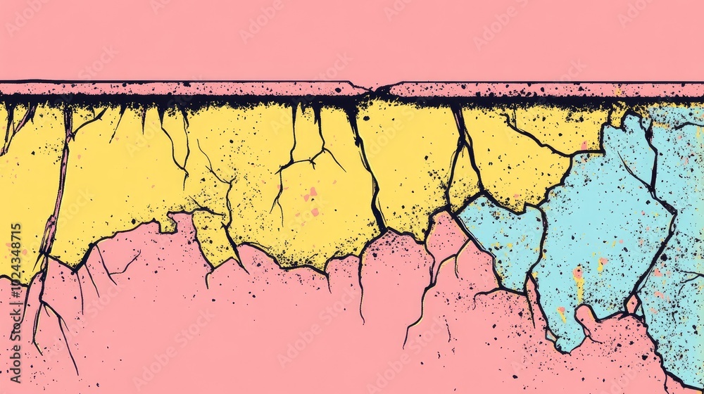 Poster aged rusty wall of a structure featuring cracks with moss growth