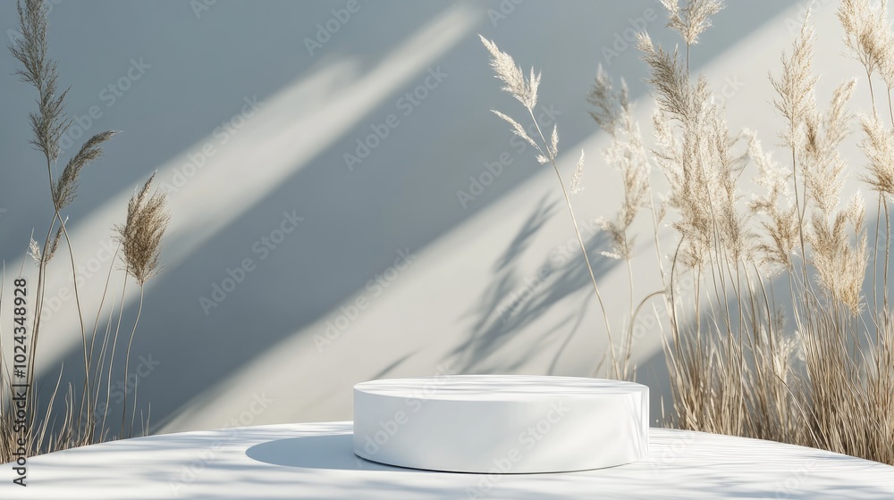 Poster abstract minimalist nature composition featuring an empty stage and a white podium against a gray ba