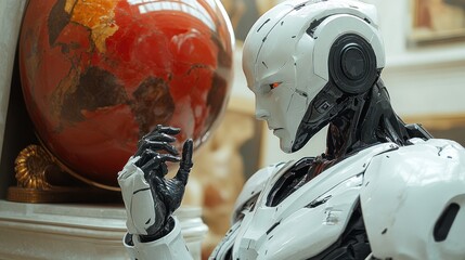 A humanoid robot with red eyes stands next to a large globe in a museum setting.  The robot appears to be thinking about the world.